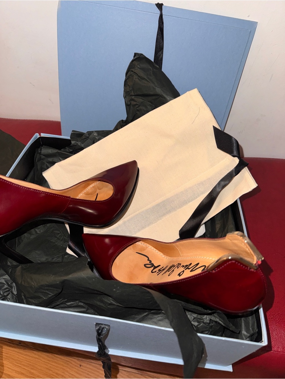 Lanvin Wine Red Patent Leather Pointed Pumps with Gold Heel Tab - Picture 3 of 8